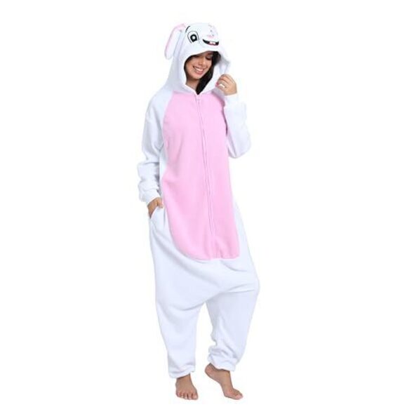 ADULT RABBIT ONESIE ANIMAL PAJAMAS HALLOWEEN COSPLAY COSTUME WOMEN MEN ONE PIECE
